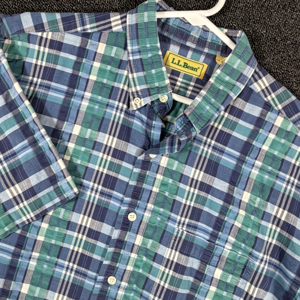 Vintage 90s LL Bean Men's L Short Sleeve Button Down Blue Madras Plaid Hong Kong